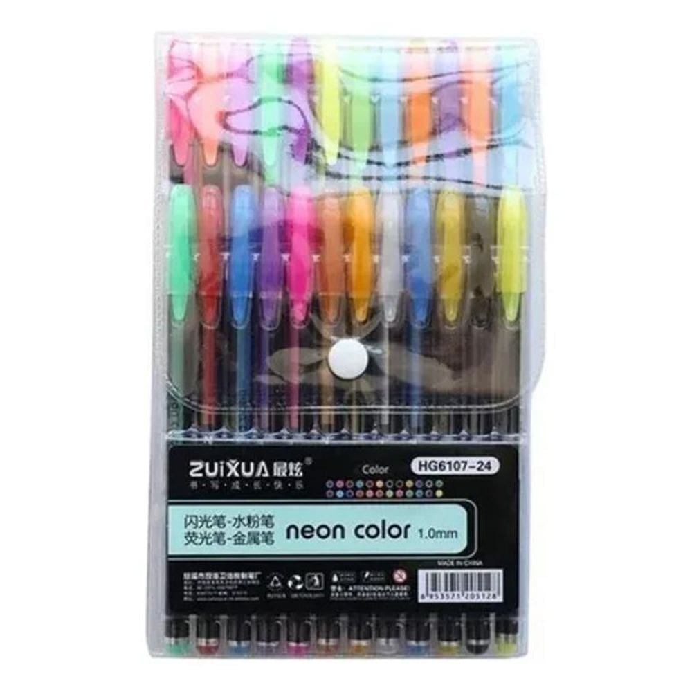 Kit 24 Canetas Gel Cores Glitter, Neon