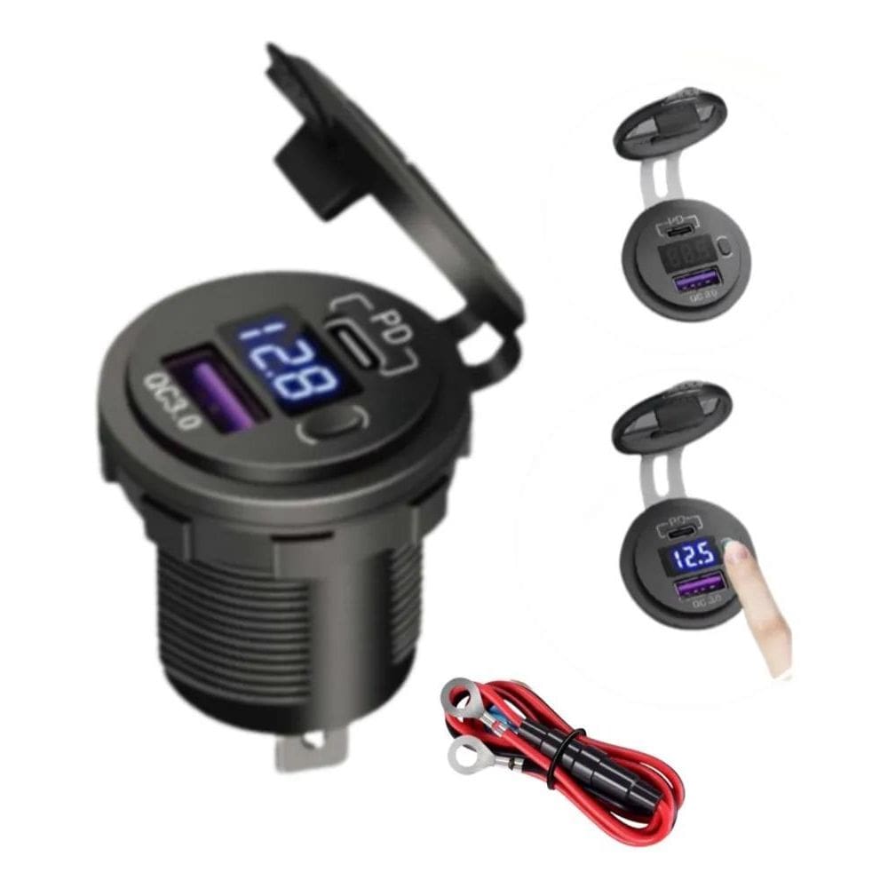 Tomada Carregador Usb Veicular Qc3.0 + Saída Tipo C Pd Botão