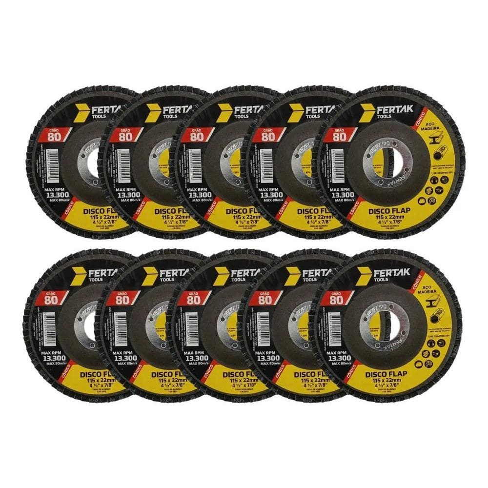 10 Disco Flap 115Mm 4 Madeira/Aço Cônico Grão 80 Fertak