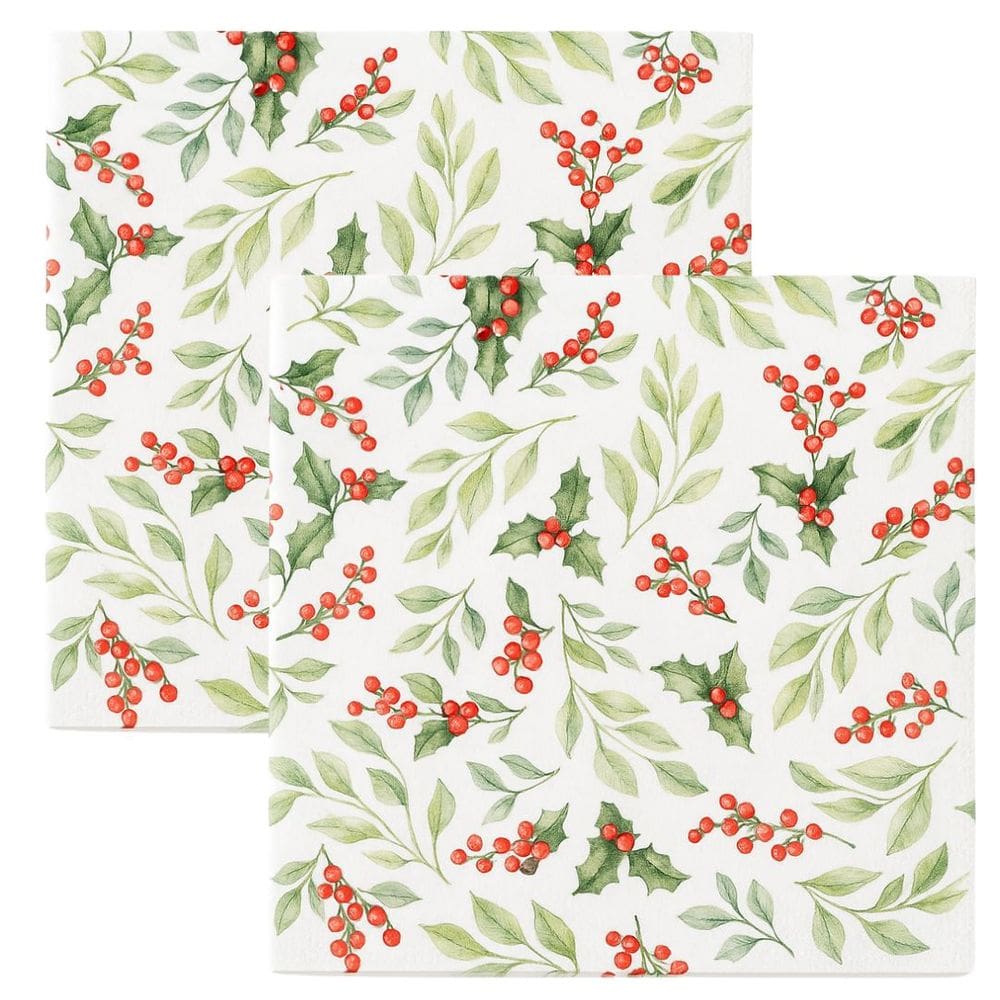 Kit Guardanapo de Natal Estampado Folhagens Azevinhos 33x33cm Folha Dupla Prime 40 Unidades