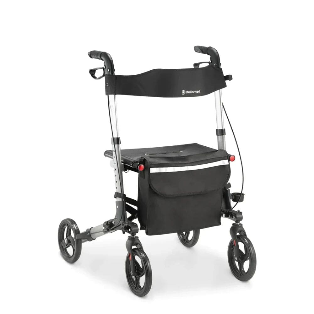 Andador Alumínio Compacto Dellamed D14 com 4 Rodas, Assento Acolchoado, Encosto, Bolsa Porta Objetos, Altura Regulável Até 135kg e Freios Individuais