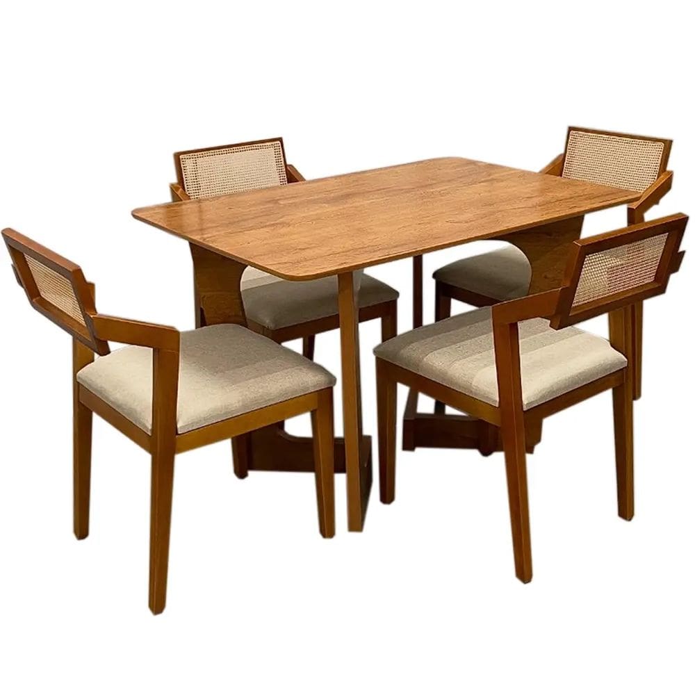 Mesa de Jantar Dubai 120x80cm SEM Vidro com 4 Cadeiras Berlim HR em Linho Cel Móveis Cor Cinamomo com Tecido Bege