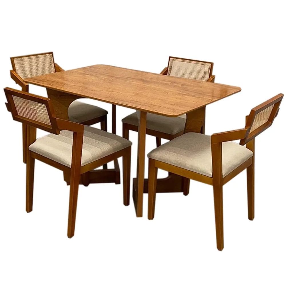 Mesa de Jantar Dubai 160x80cm SEM Vidro com 4 Cadeiras Berlim HR em Linho Cel Móveis Cor Cinamomo com Tecido Bege