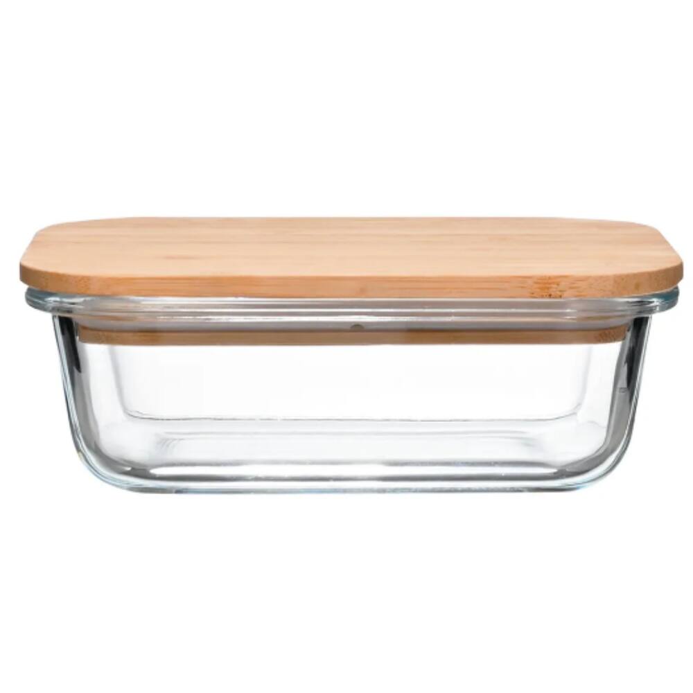 Pote Hermético Retangular Com Tampa De Bambu 420ml Em Casa