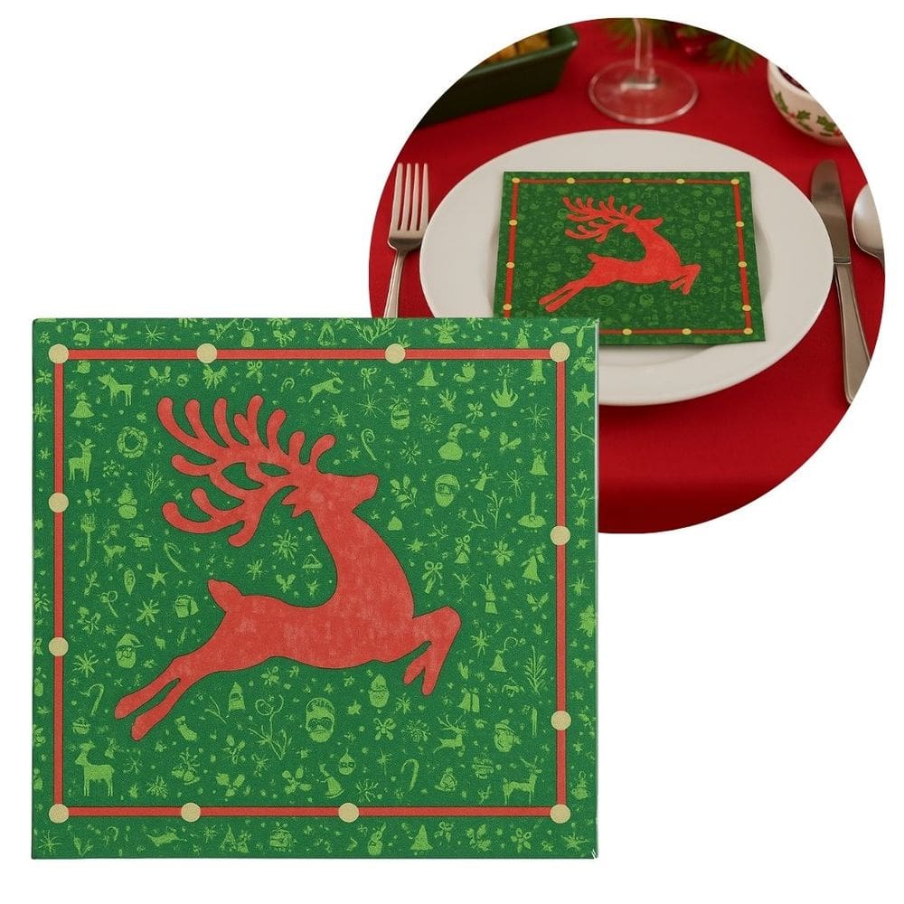 Guardanapo de Natal Estampado Rena Verde e Vermelho 33x33cm Folha Dupla Prime Pacote 20 Unidades