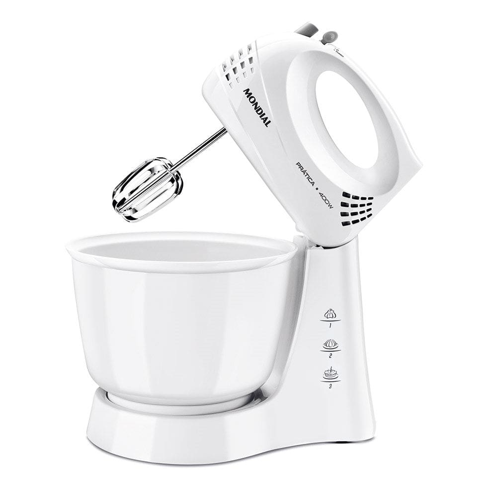 Batedeira Mondial Prática B44W - 3 Velocidades + Turbo, 1 Tigela, 400W, Branca