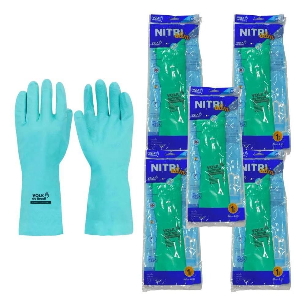 5X Kit 5 Prs Luva Nitrílica Verde Com Forro Limpeza Químico