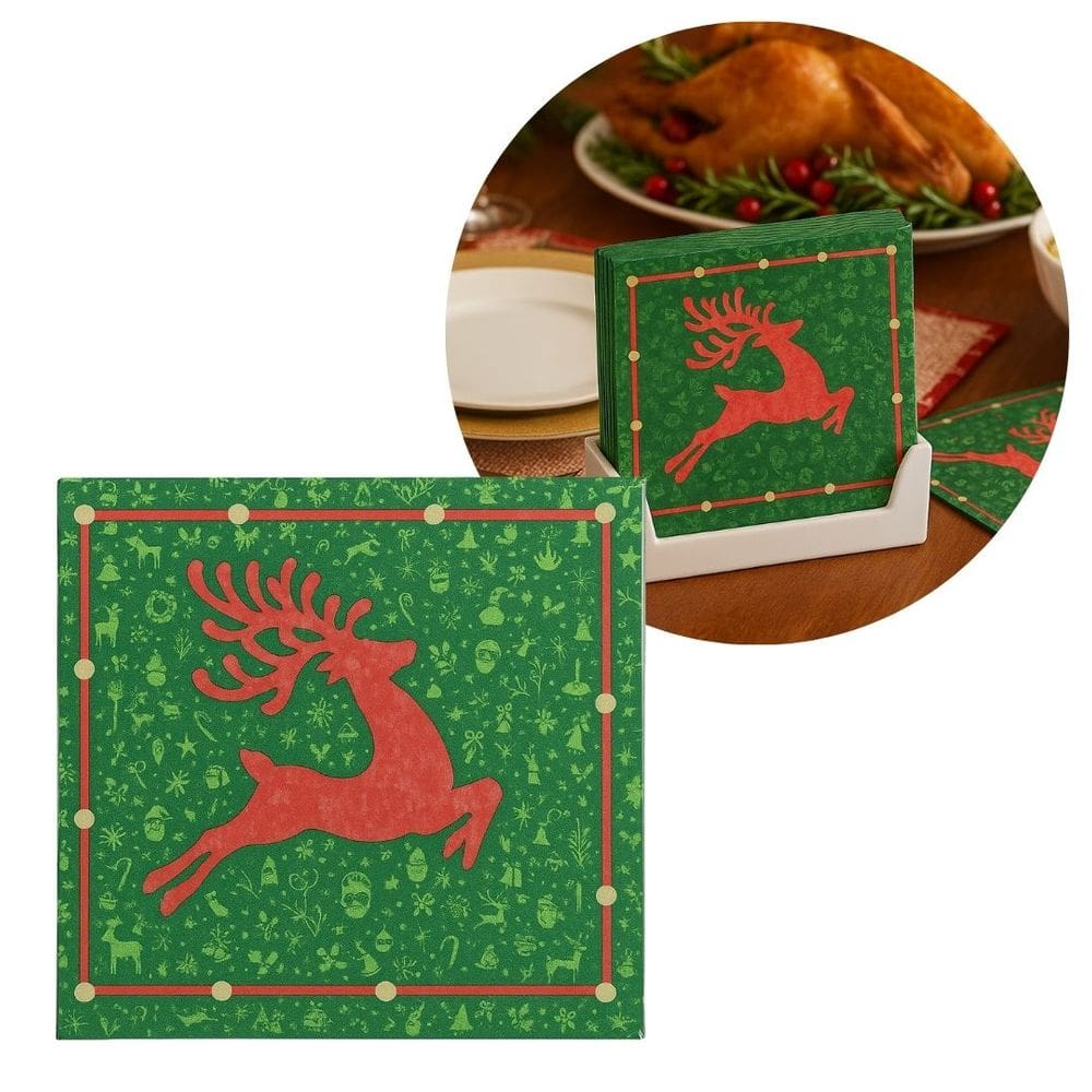 Guardanapo de Natal Estampado Rena Verde e Vermelho 25x25cm Folha Dupla Prime Pacote 20 Unidades