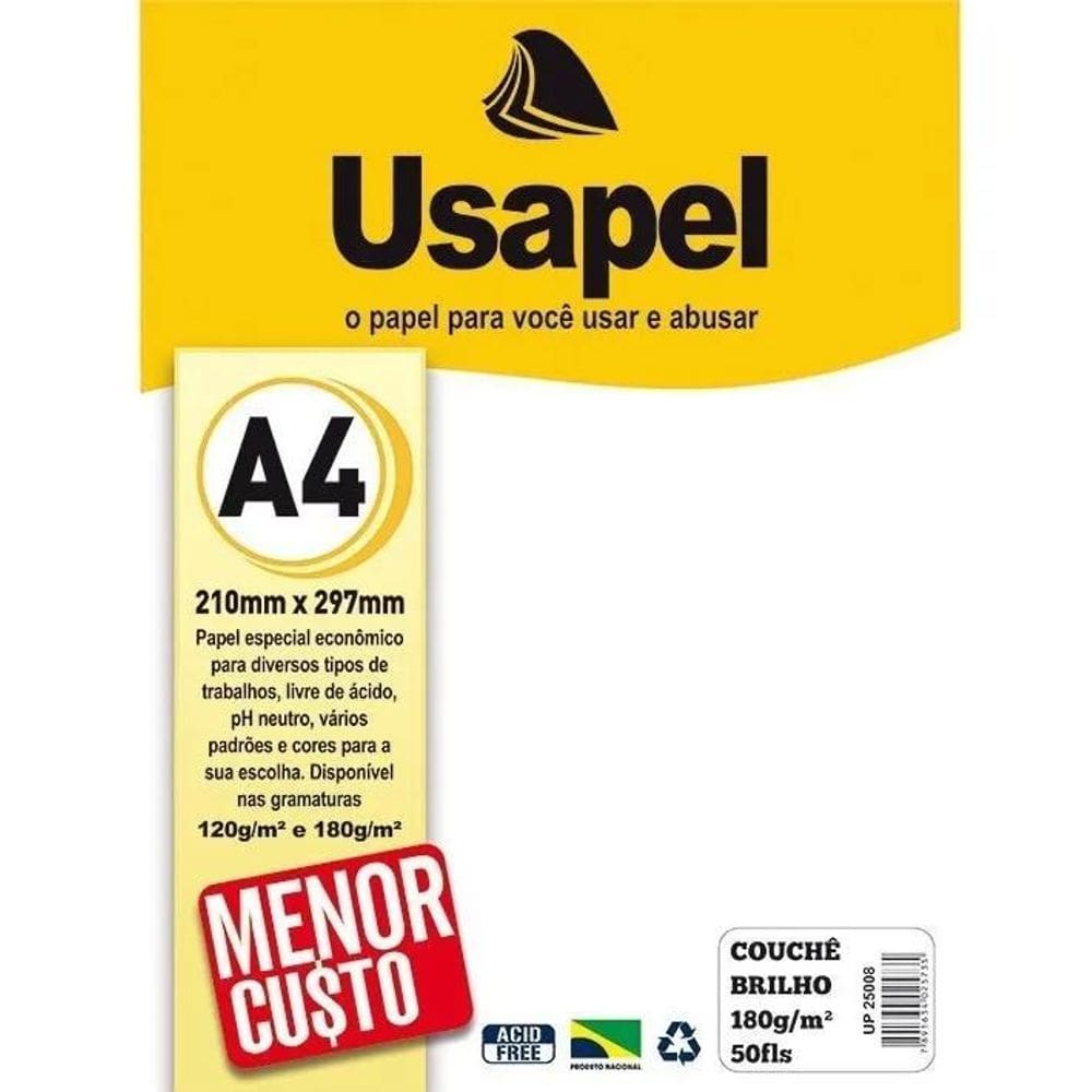 Papel Couchê Brilho Usapel A4 180G Branco - Pt Com 50