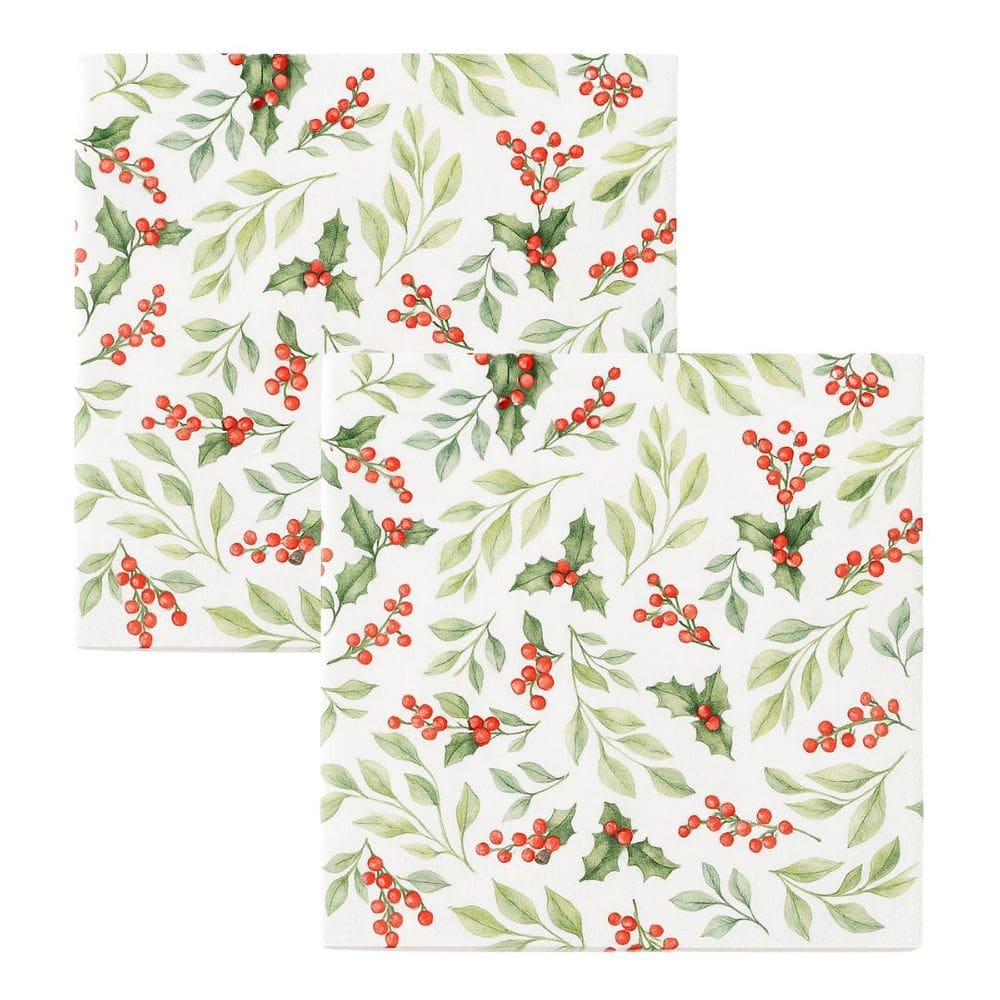 Kit Guardanapo de Natal Estampado Folhagens Azevinhos 25x25cm Folha Dupla Prime 40 Unidades
