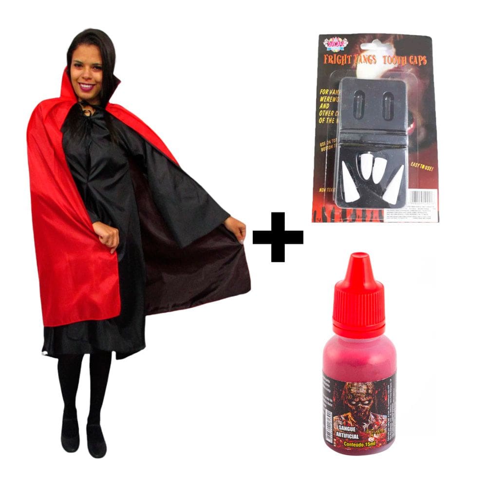 Fantasia Halloween Masculina Conde Drácula Capa de Vampiro Dupla Face Adulto Completo com Sangue e Presa