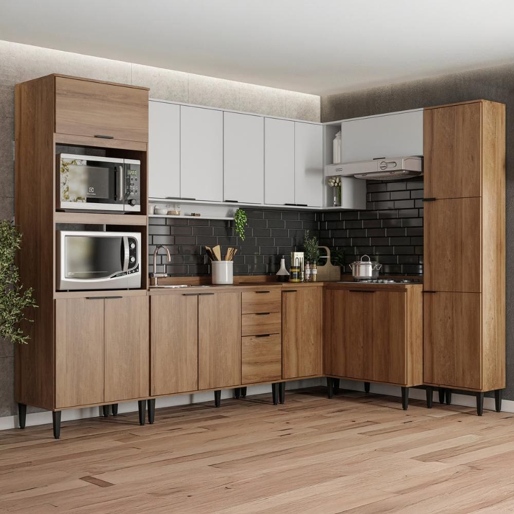 Armário de Cozinha Completa Miami Collect Carraro Branco com Freijó