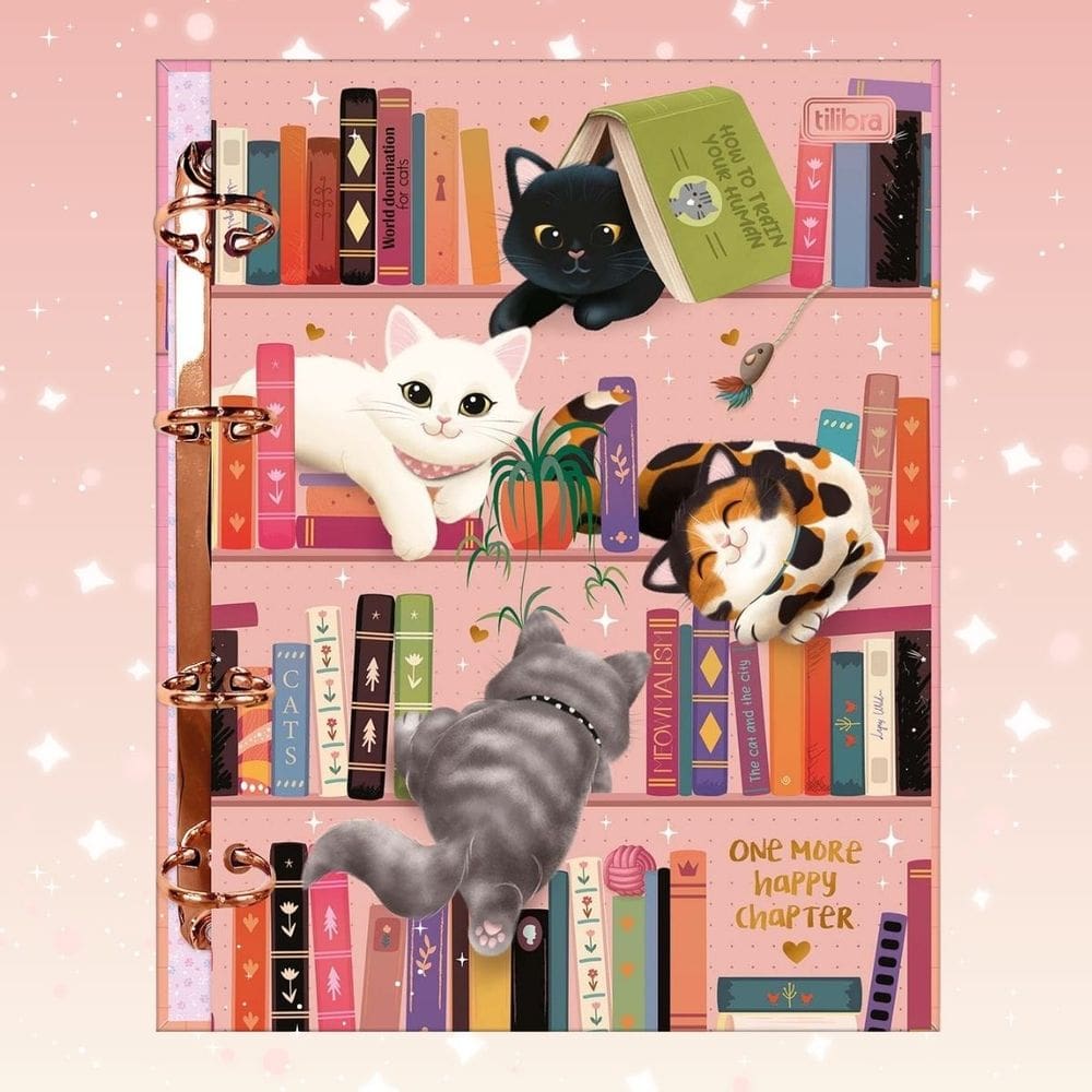 Fichário Colegial Caderno Argolado Purrfect Cats 80 Folhas Decoradas Tilibra | Gatinhos