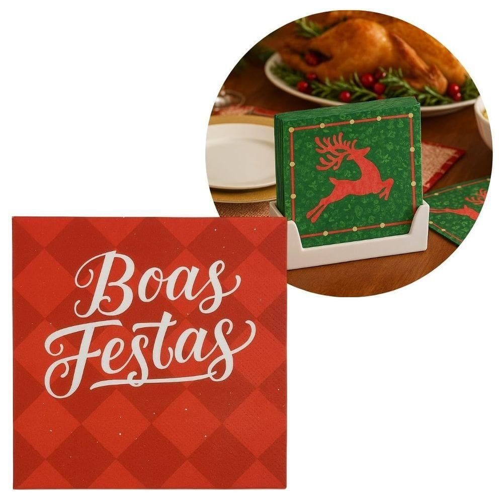 Guardanapo De Natal Vermelho Estampado Boas Festas 25x25cm Folha Dupla Prime Pacote 20 Unidades