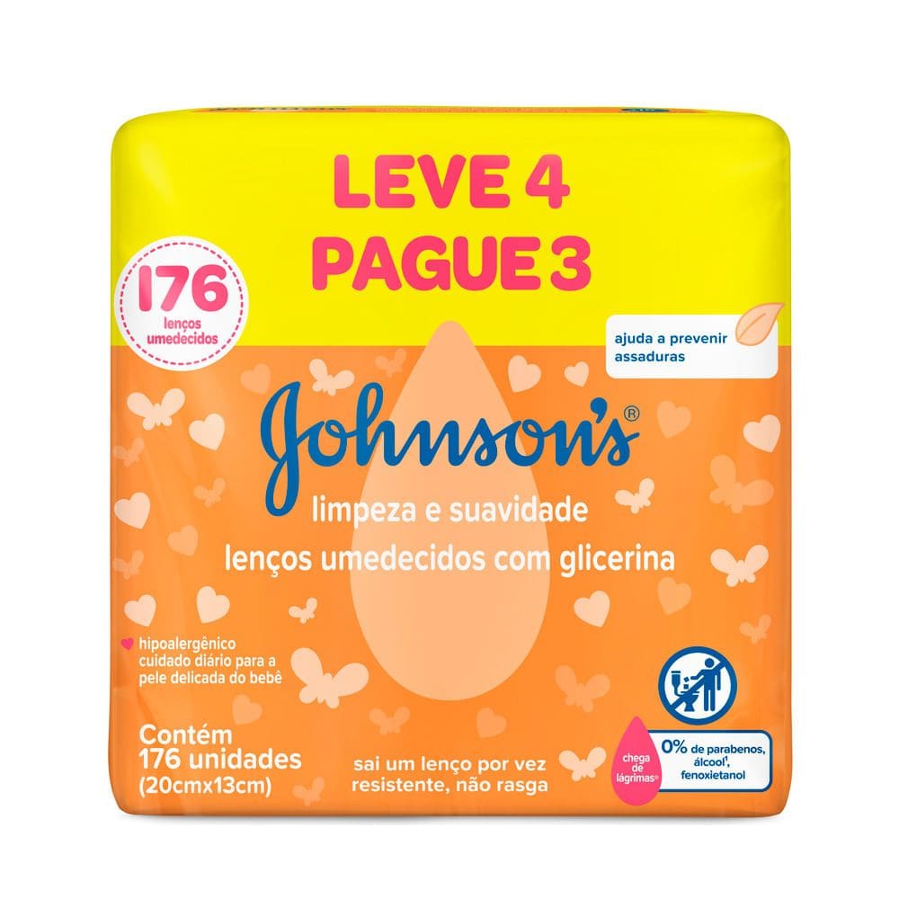 Lenços Umedecido Johnsons  com Glicerina Leve 4 pague 3 com 176 Unidades