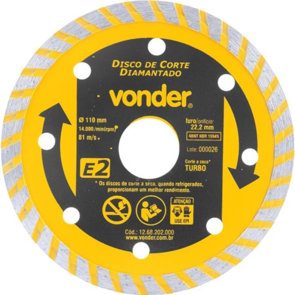 Disco de Corte Diamantado 110mm E2 com Furo de 22,2mm - 12.68.202.000 - VONDER