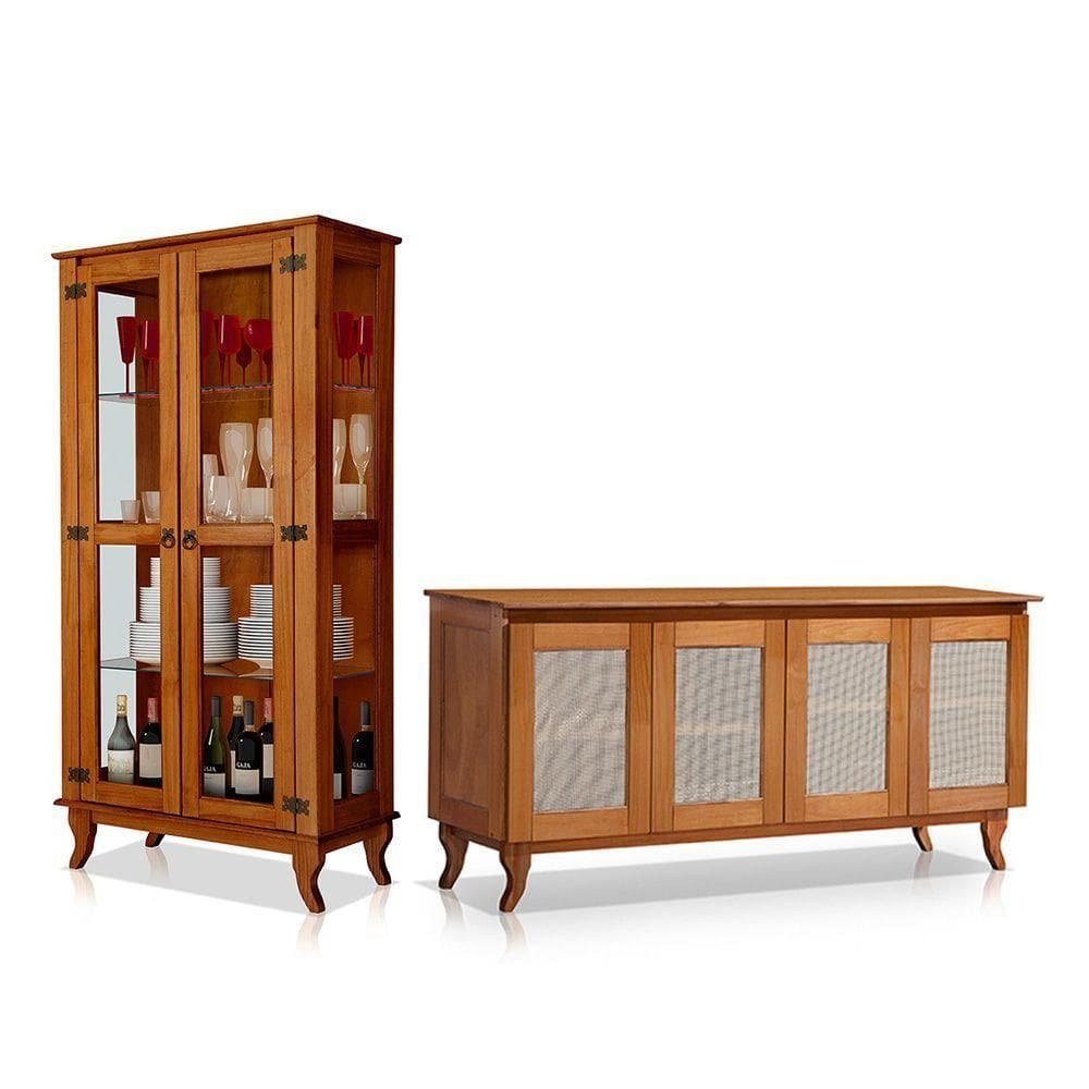 Kit Sala De Jantar Cristaleira Com Buffet 4 Portas Em Madeira Maciça Acabamento Premium Castanho