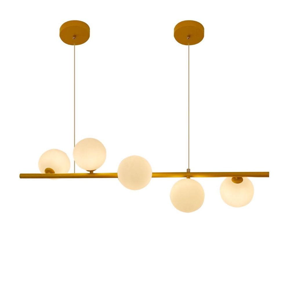 Lustre Pendente Retangular 90Cm Leitoso 5 Bolas + Lâmpadas