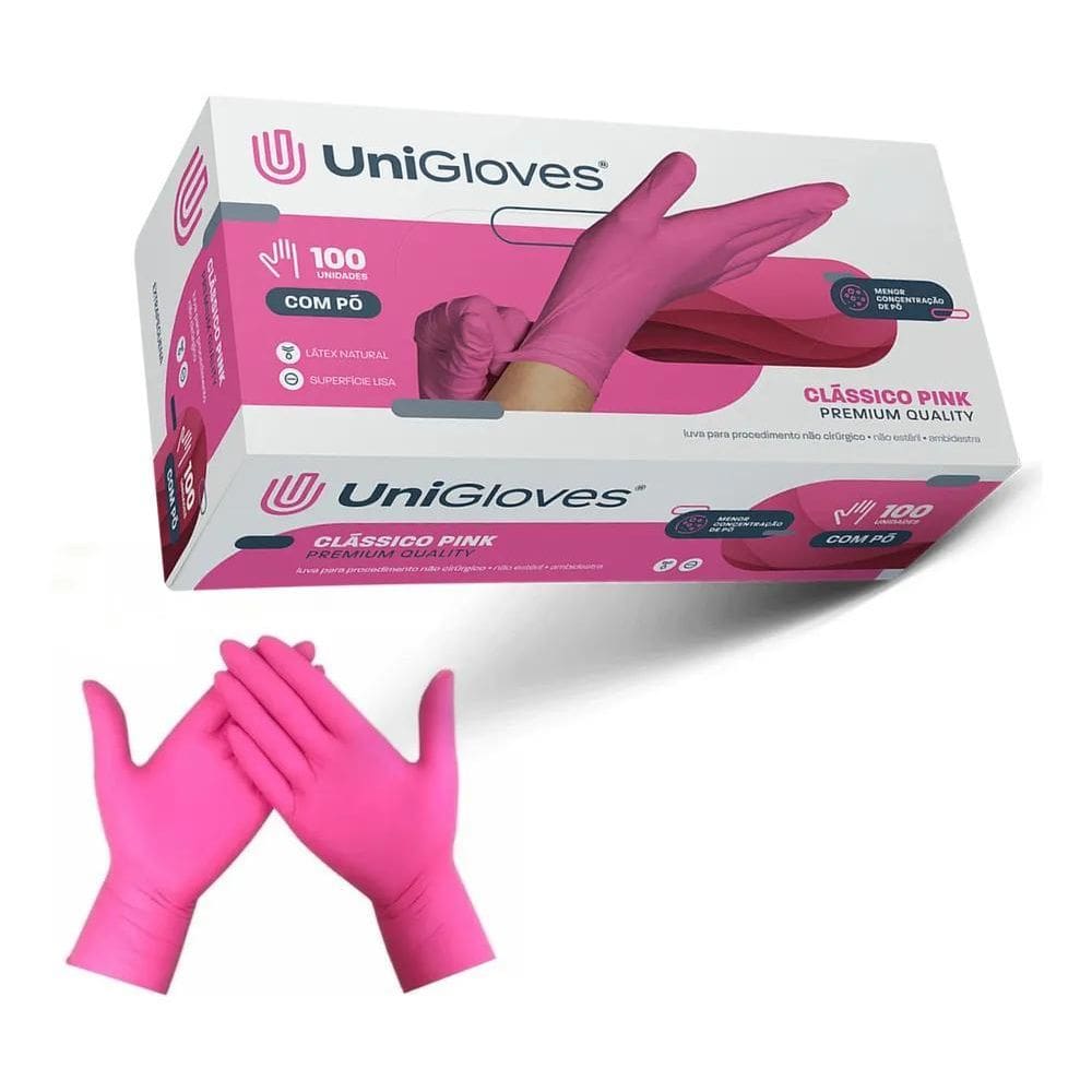 Luva Látex Pink Rosa Com Pó Caixa Com 100 Unid Unigloves