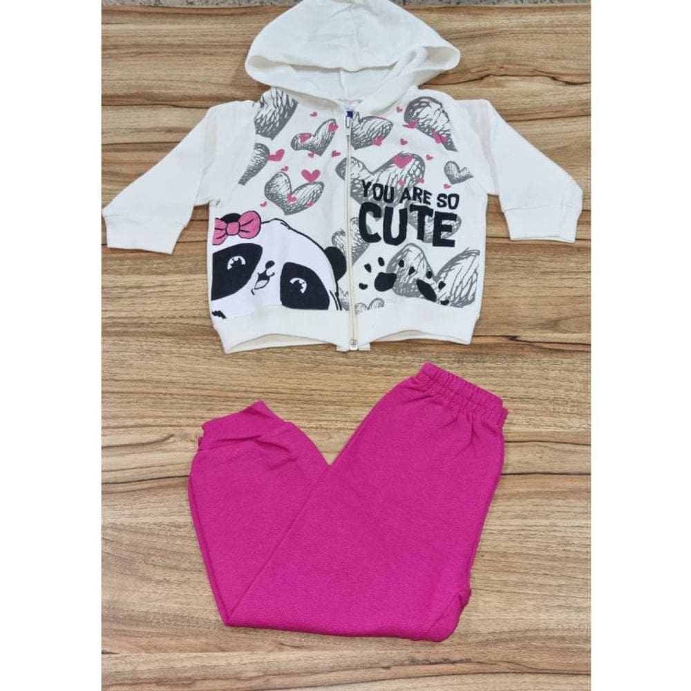 Conjunto Feminino Infantil Inverno Com Capuz Bege e Rosa 1
