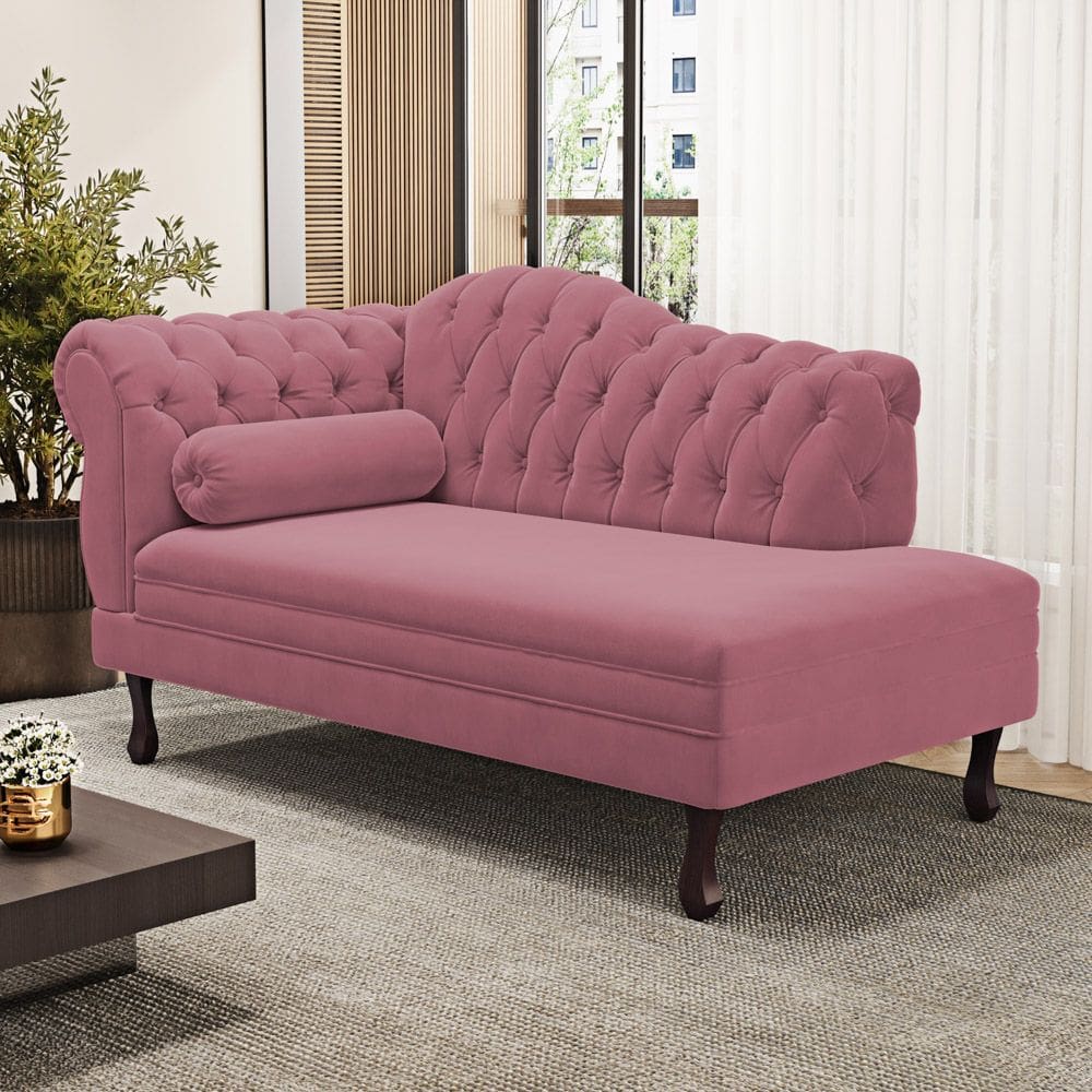 Divã Recamier Lavínia Clássico 120cm Capitonê com Pés de Madeira Suede Rosa - Desk Design