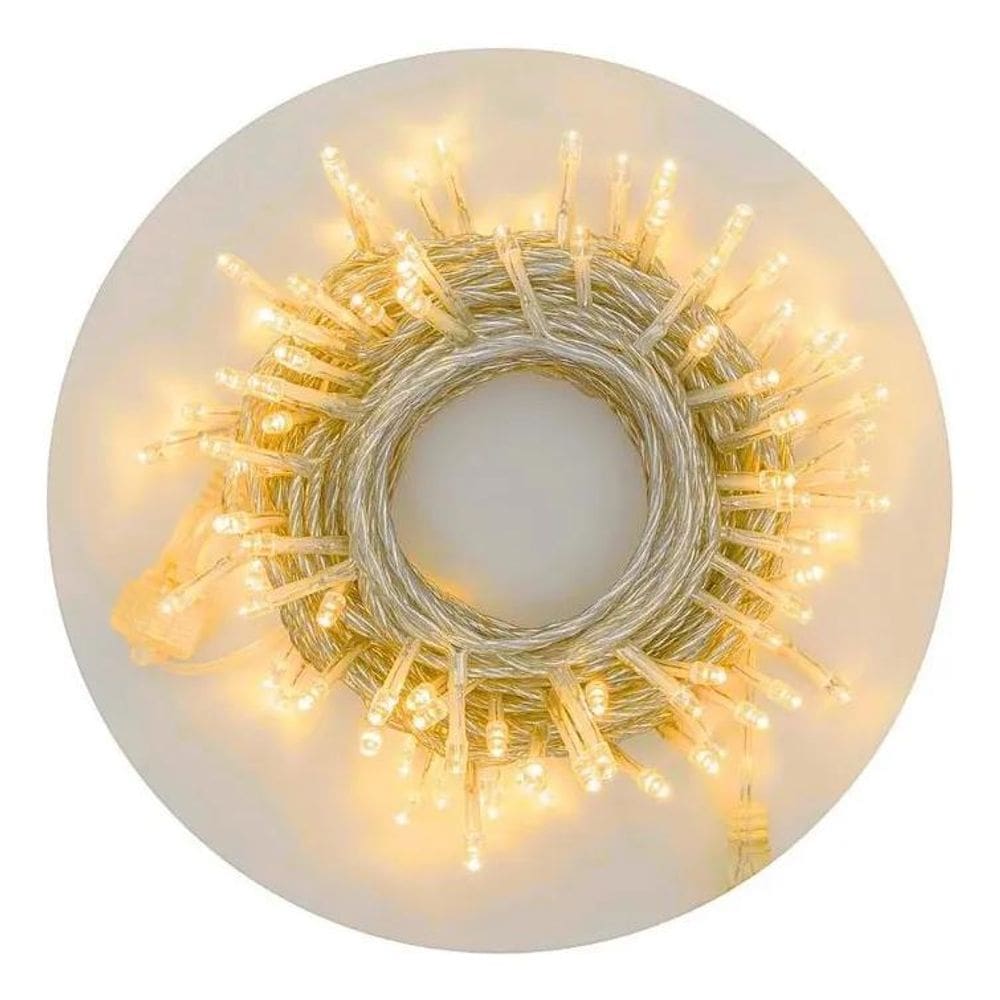 Cordão 100 Leds Fixo Branco Quente 10 Metros Decoração Festa