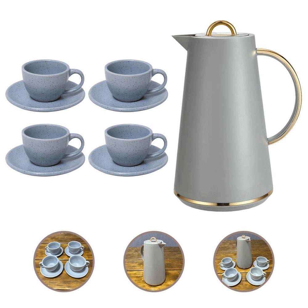 Garrafa Térmica Samira 1L E 4 Xícaras Cerâmica 210Ml - Cinza