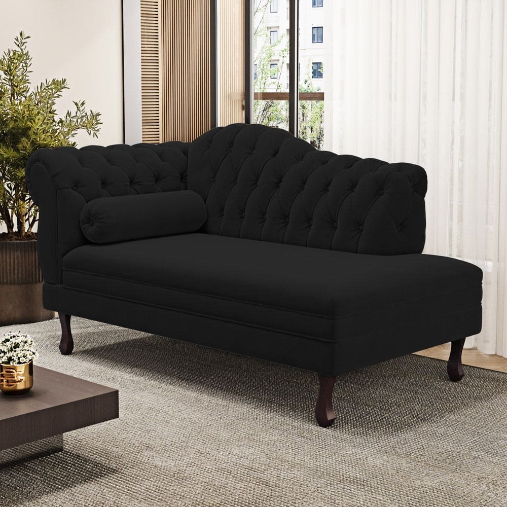 Divã Recamier Chaise Longue Lavínia 150cm Capitonê Pés de Madeira Suede Preto - Desk Design