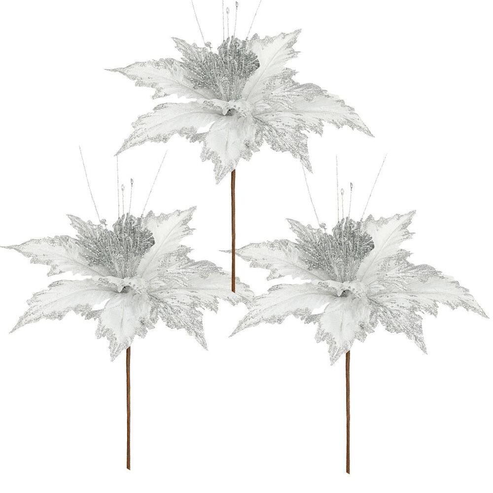 Jogo 3 Pick Natalino Flor Bico de Papagaio Prata Borda Glitter Luxo 25cm x 16cm