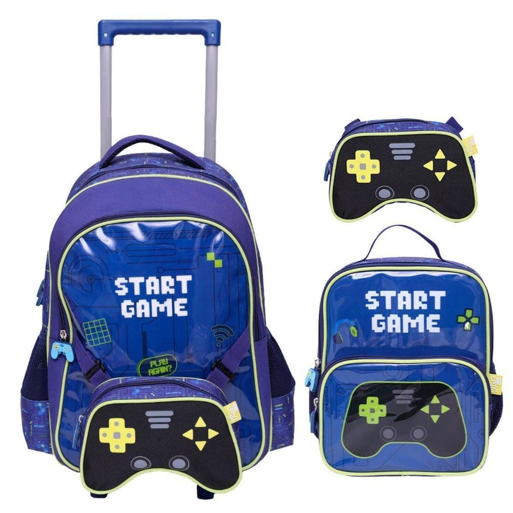 Kit Mochila De Rodas 17 Game 3D Lancheira Estojo Escolar