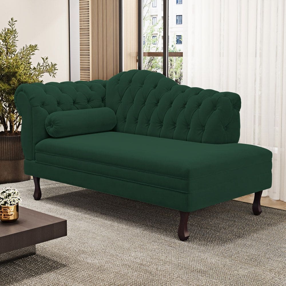 Divã Recamier Lavínia Clássico 120cm Capitonê com Pés de Madeira Veludo Verde Escuro - Desk Design