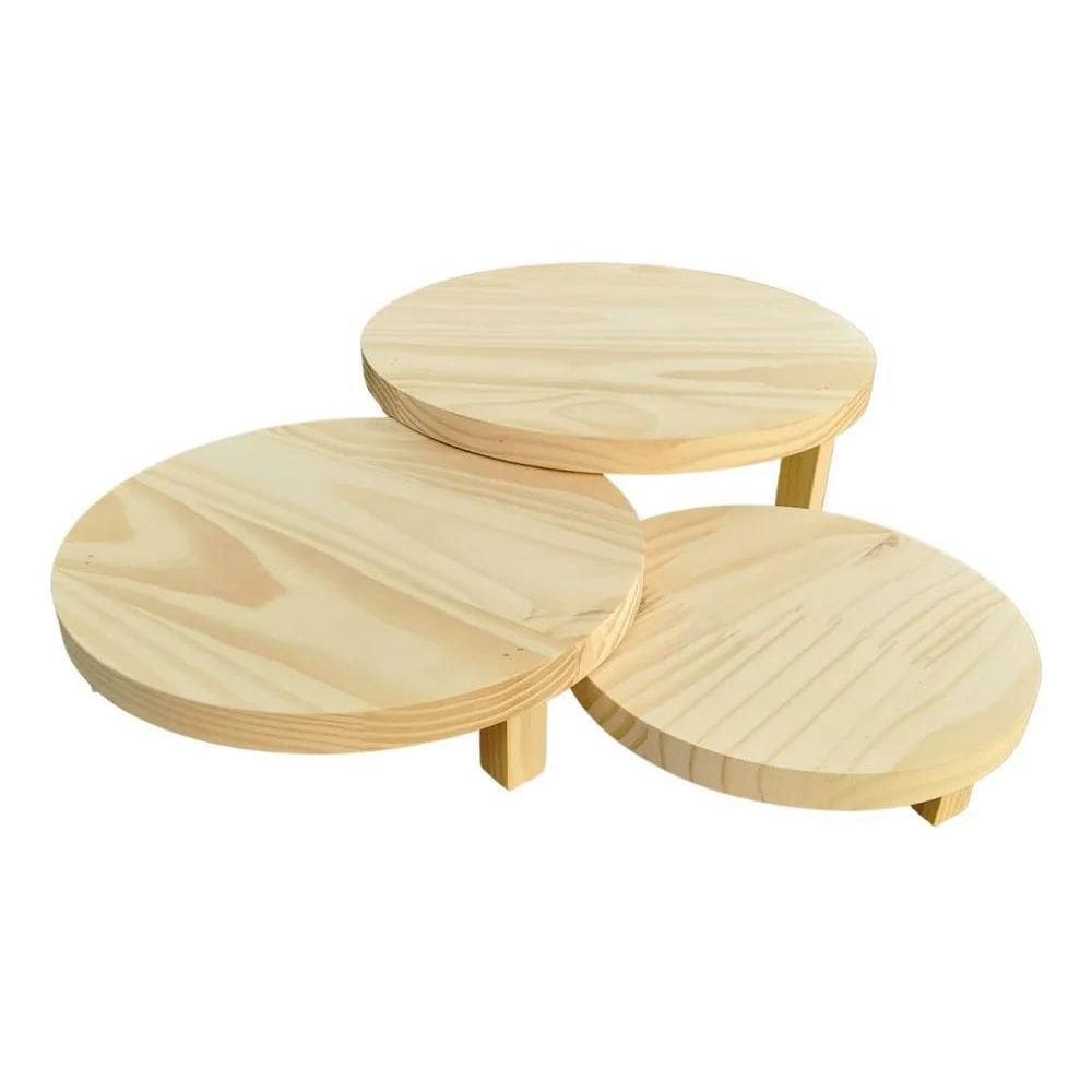 Trio Bandejas Redondas Doce Festa Decoração Madeira Rústica