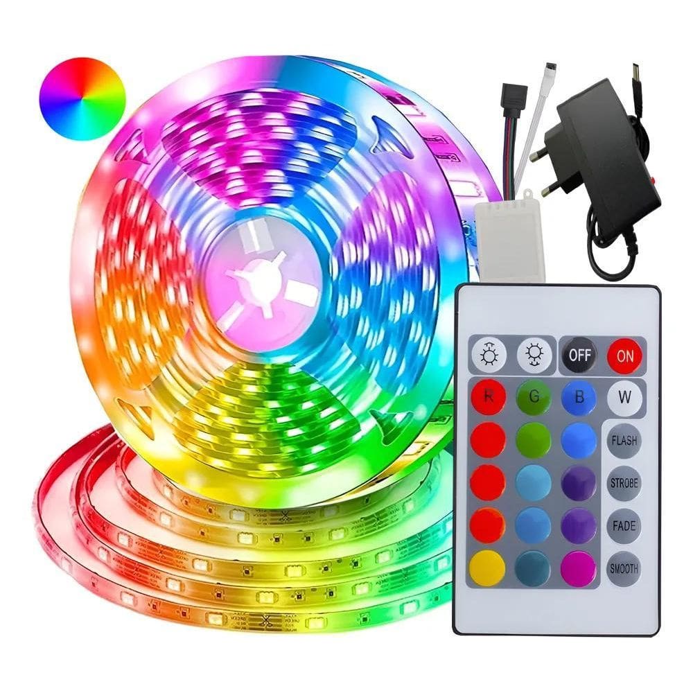 Fita Led Rgb 5M 5050 + Fonte + Controle 16 Cores