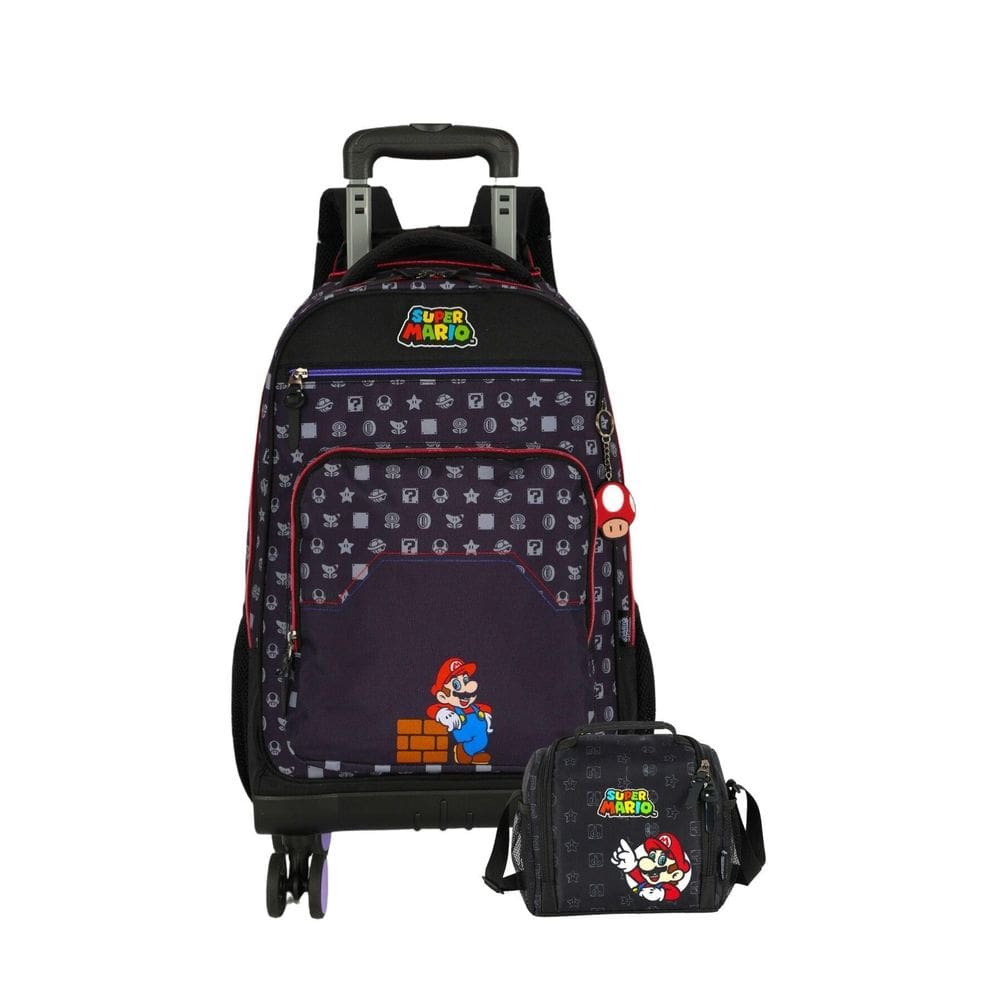 Kit Escolar Mochila Rodas+Lancheira Super Mario - Preto