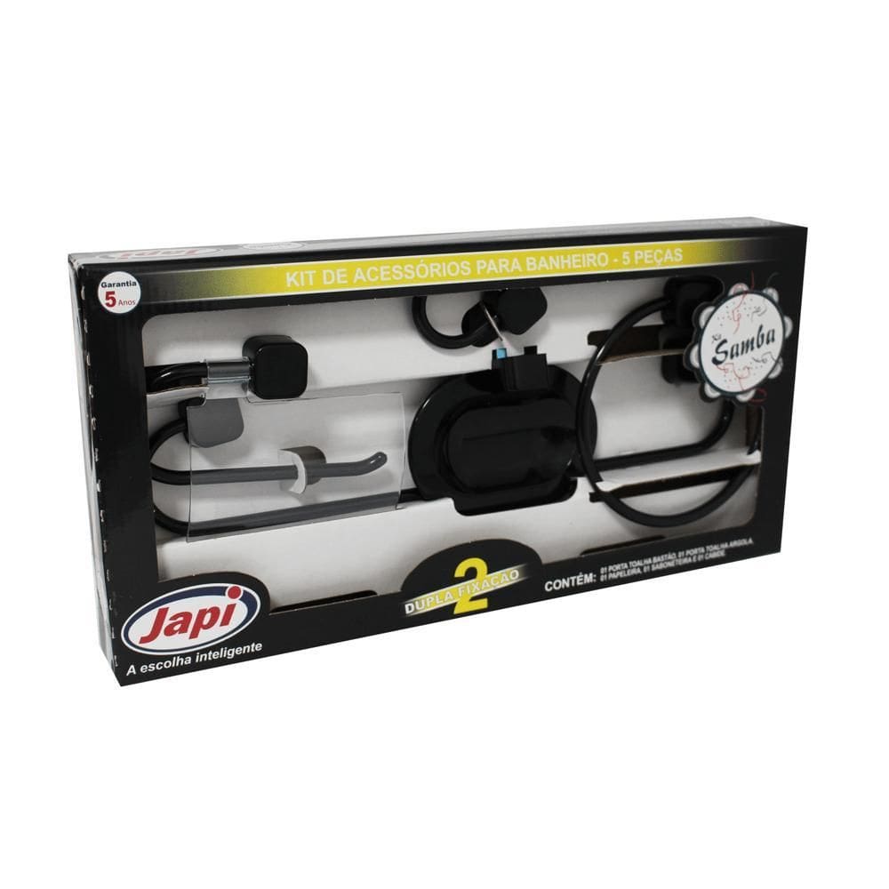 Kit Banheiro 5Pçs Saboneteira Cabide Papeleira Preto Japi