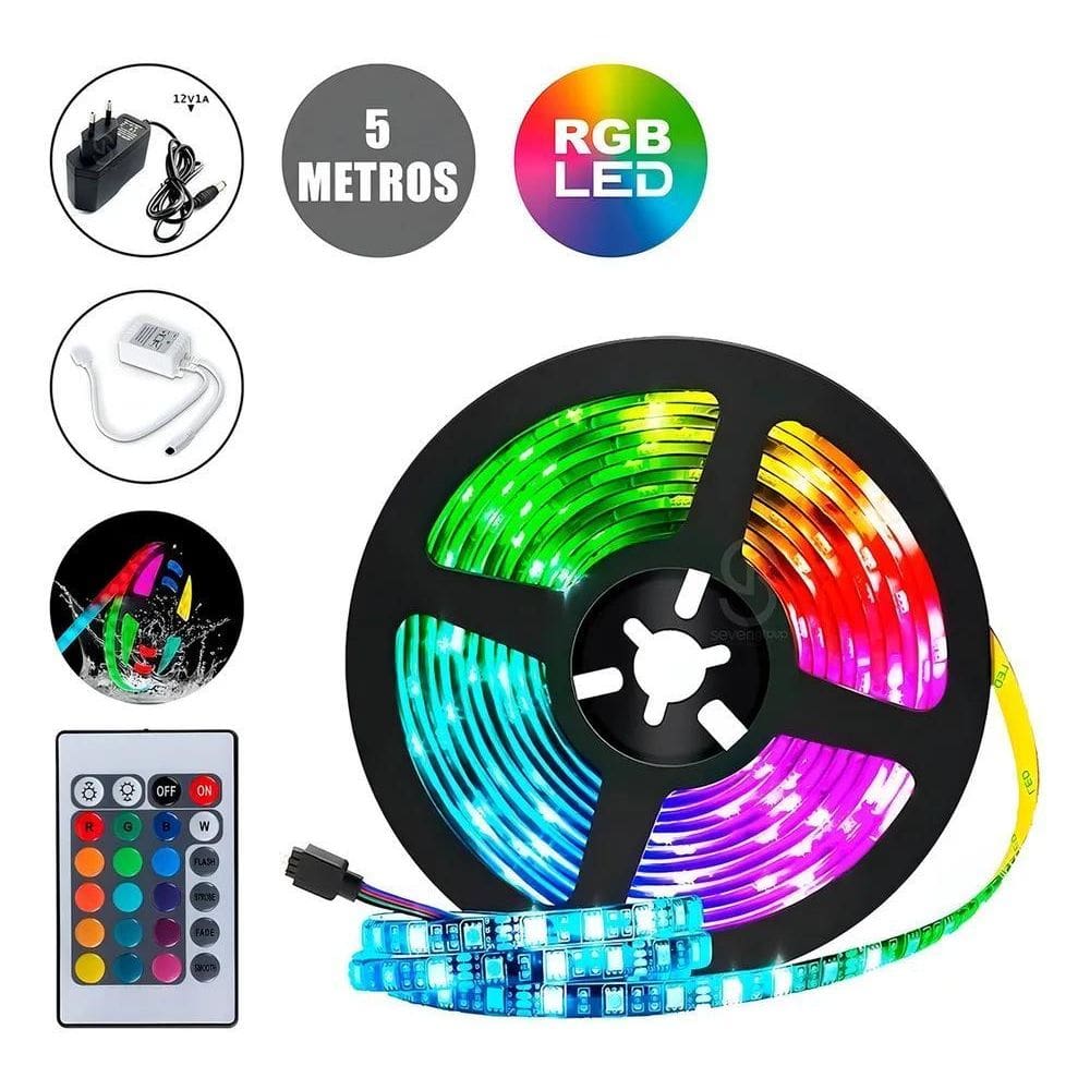 Kit Fita Led Rgb 5050 Rolo 5M Com Fonte E Controle Econômica
