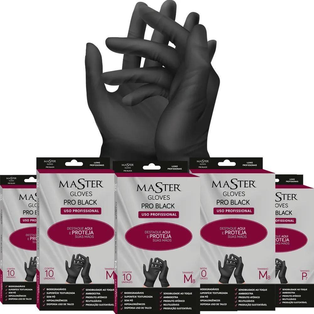 5X Luvas Em Látex Master Gloves Pro Black 10 Unidades Tamanh