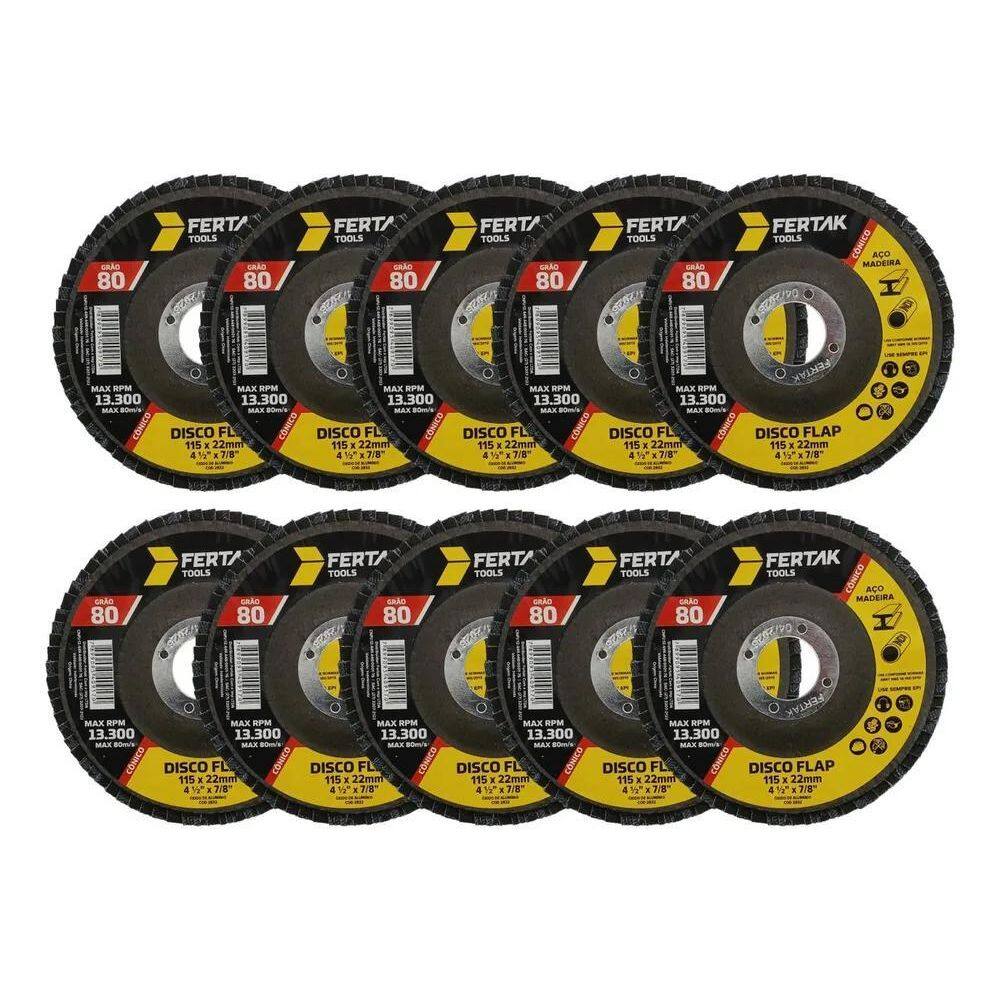 10 Disco Flap 115Mm 4 Madeira/Aço Cônico Grão 80 Fertak
