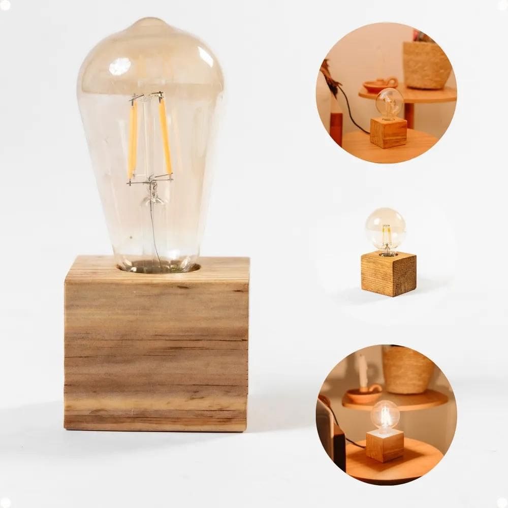 Abajur Luminaria De Mesa Cubo Madeira Maciça E27 Cabo 1,20M