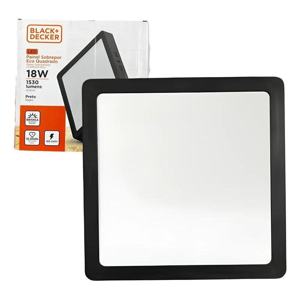 Painel Plafon Quadrado Sobrepor 18W Preto Branco Frio 6500K
