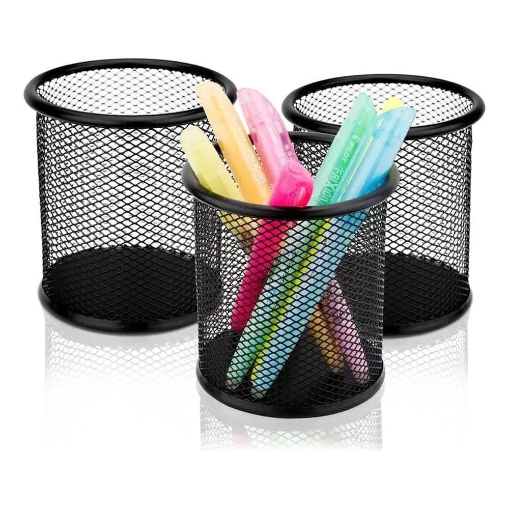 Kit Com 3 Porta Canetas Lápis Redondo Aramado Preto Office