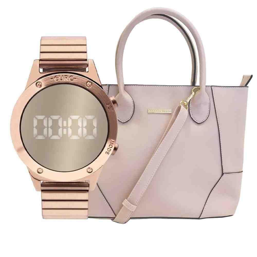 Kit Relógio Feminino Rose Euro + Bolsa Rose + Lente Olho Pei