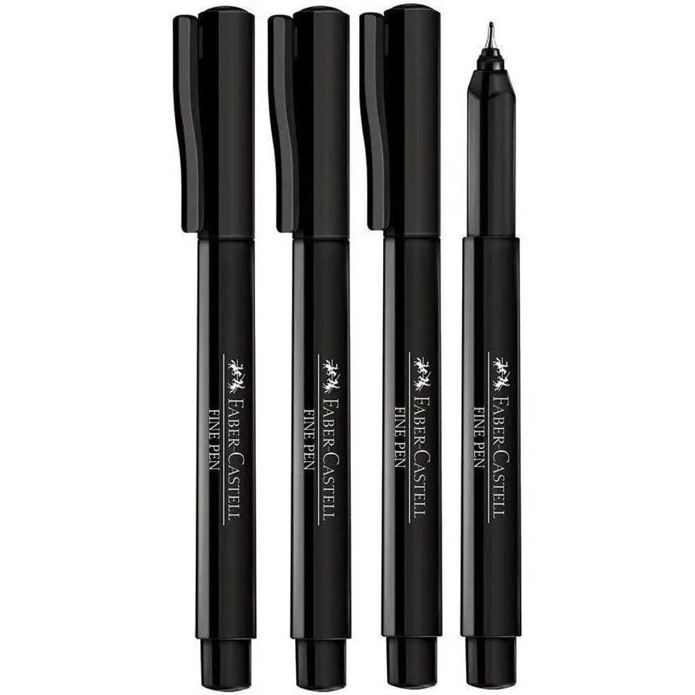 Caneta Fine Pen Preta 0,4Mm Faber Castell Kit Com 4 Unidades