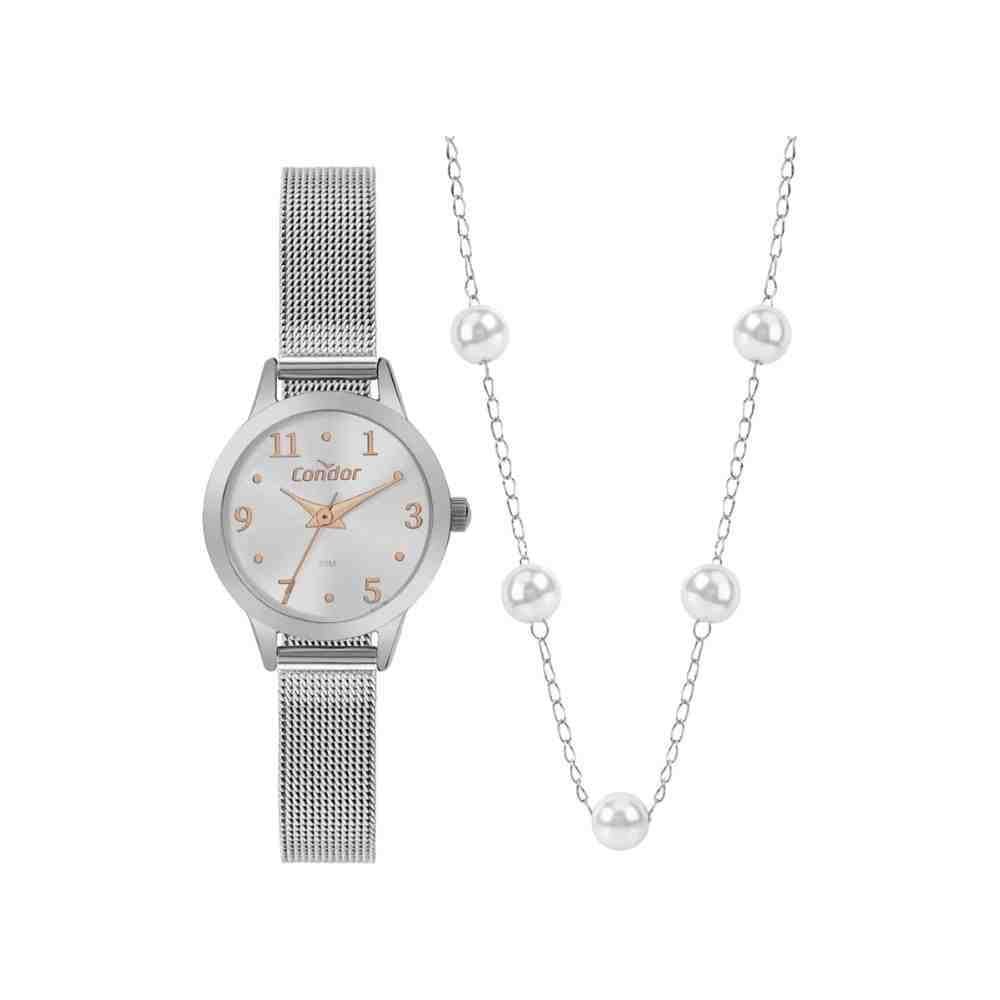 Kit Relógio +Cordão Condor Mini Prata Feminino Co2035Nht/K4K