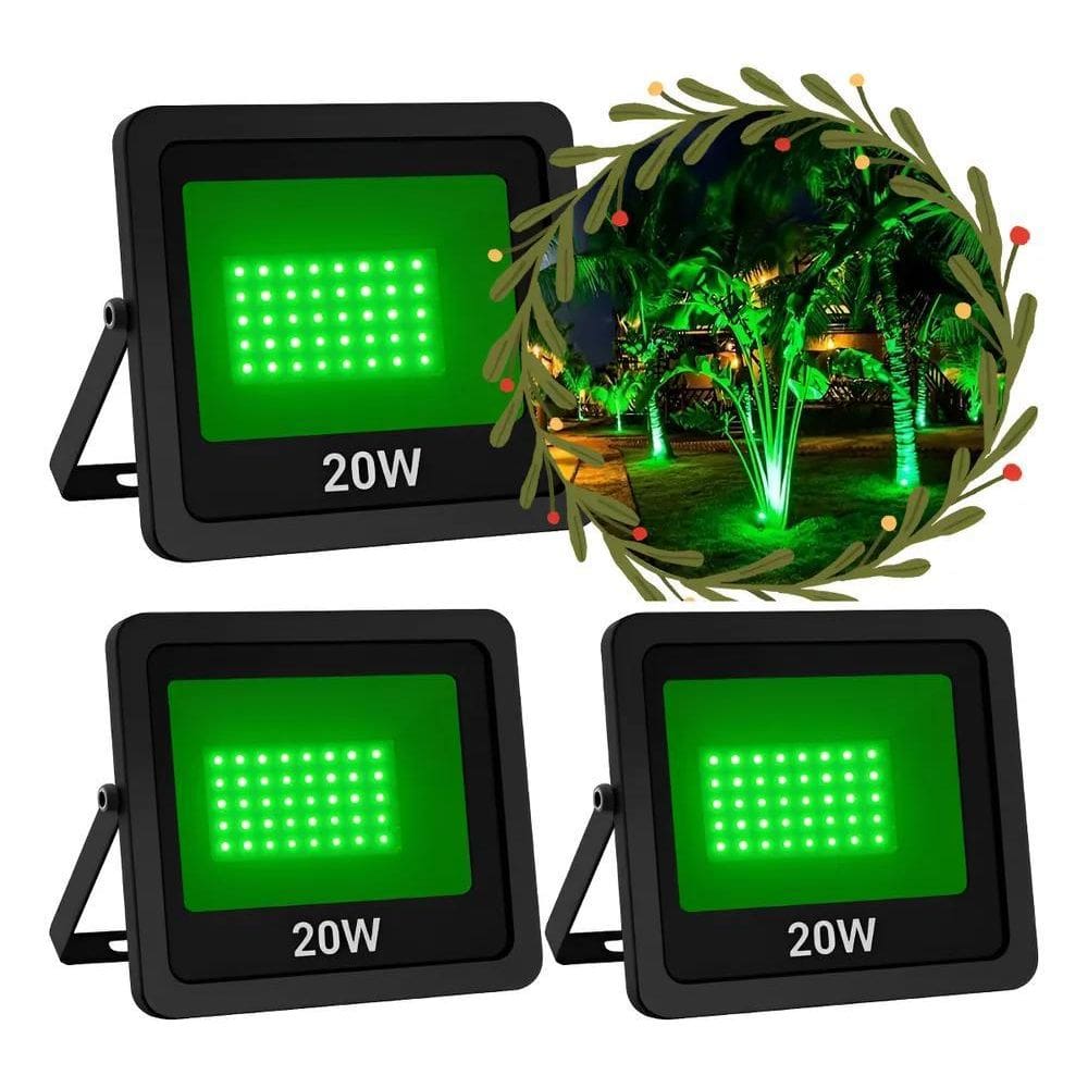 Kit 3 Refletores Luz Verde Led 20W Iluminação Jardim Grama P