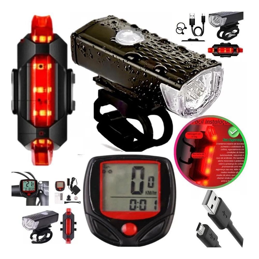 Farol Lanterna E Velocimetro Bicicleta Usb Bike Ultra Led