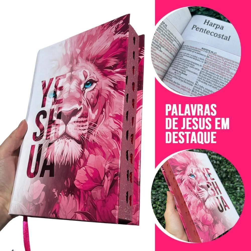 Bíblia Sagrada Feminina Edifica Leão Yeshua Rosa Jesus Capa