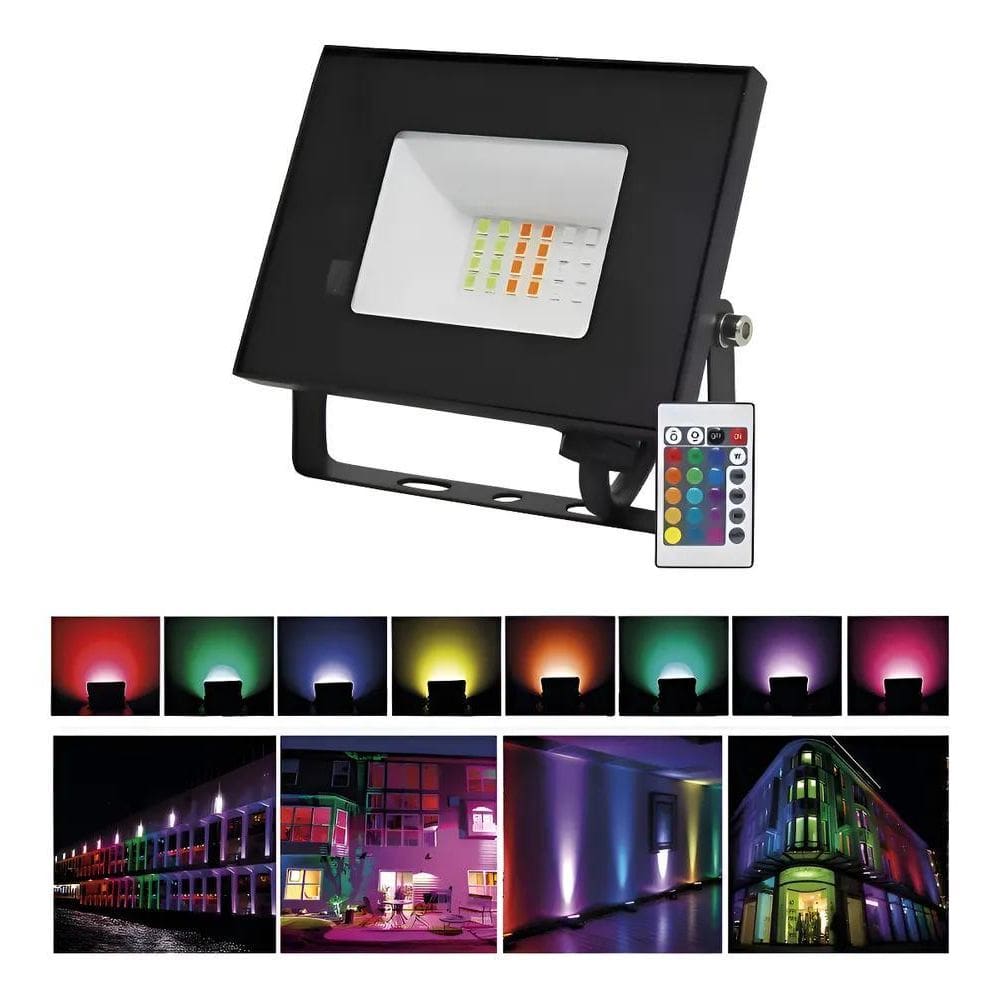 Refletor Holofote Led Rgb 20W Ip66 Bivolt Colorido Preto Rgb