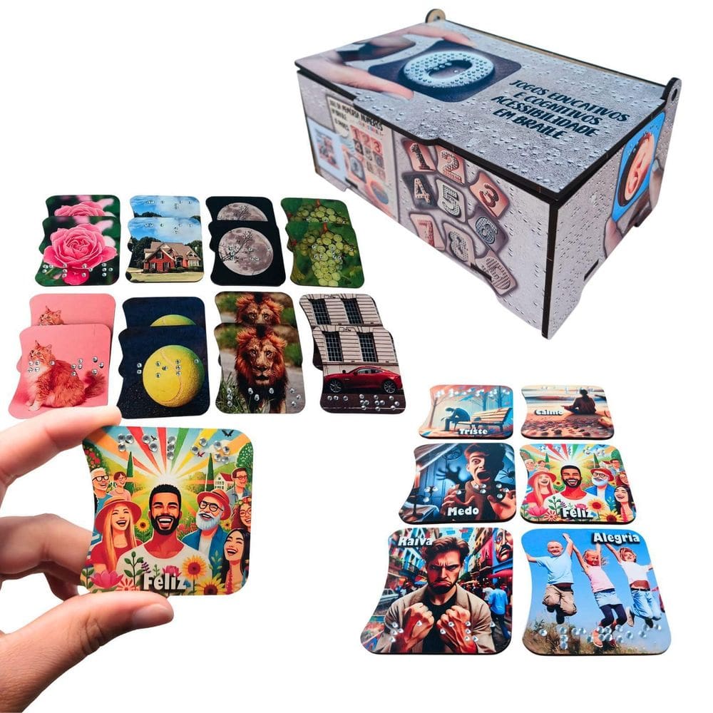 Combo 2 Jogos Braille: Memória 8 Pares E Emoções + Caixa Mdf