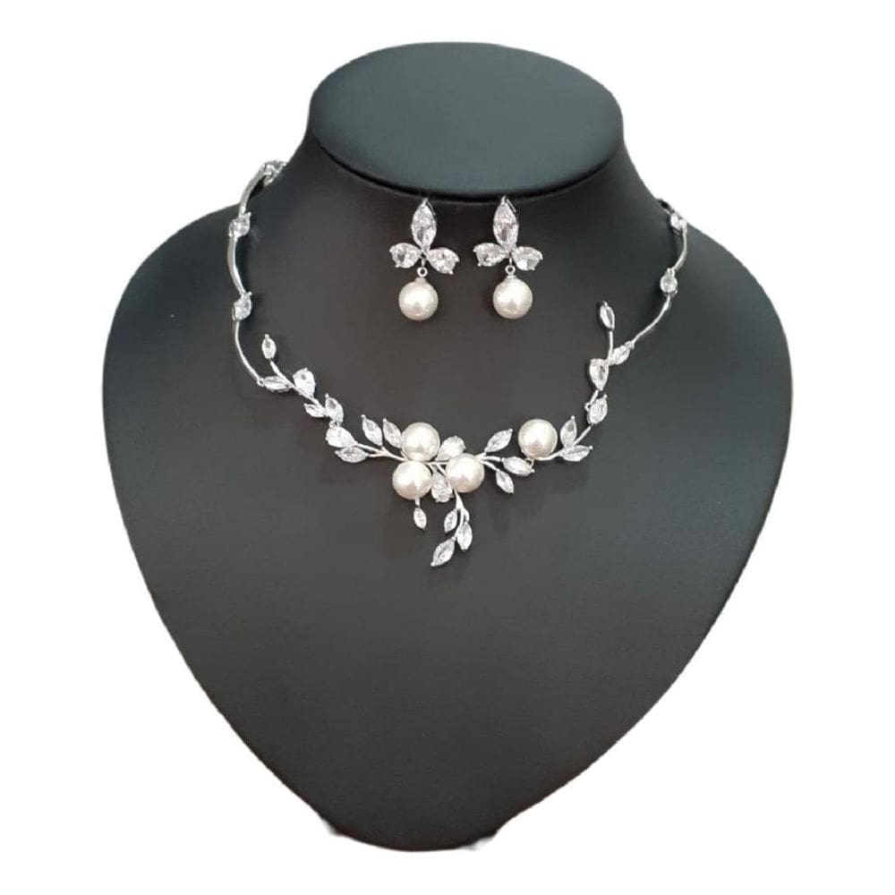 Colar E Brinco Noiva Zircônia E Pérola Prata Festa Debutante